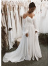 Off Shoulder Ivory Chiffon Pearl Buttons Back Wedding Dress